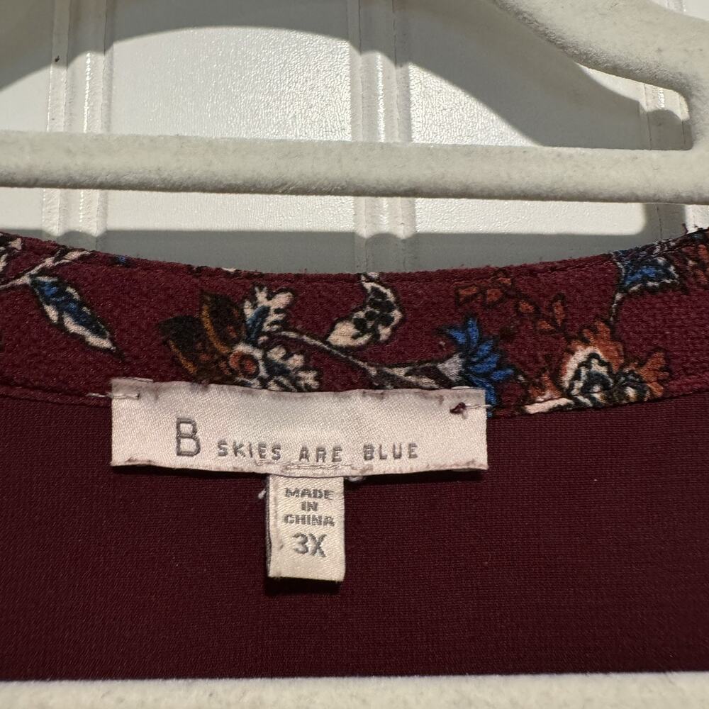 Skies Are Blue Maroon Floral Midi Dress Pintucked Split Neck Plus Size 3X - Picture 5 of 7